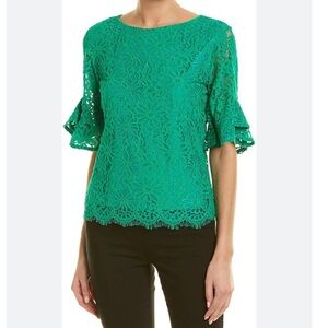 NEW Nanette Lepore Lace Overlay Short Frill Sleeve Crew Neck Top - Emerald Green